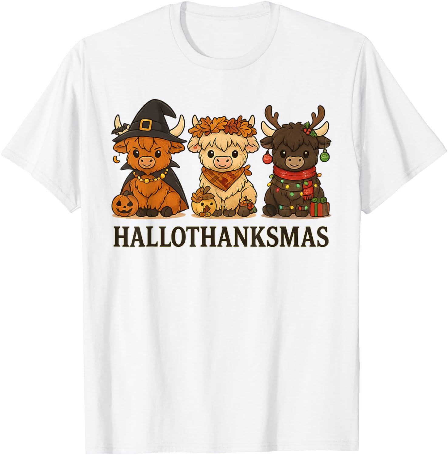Hallothanksmas Highland Cow Trio Halloween Thanksgiving T-Shirt - T-Shirt | White