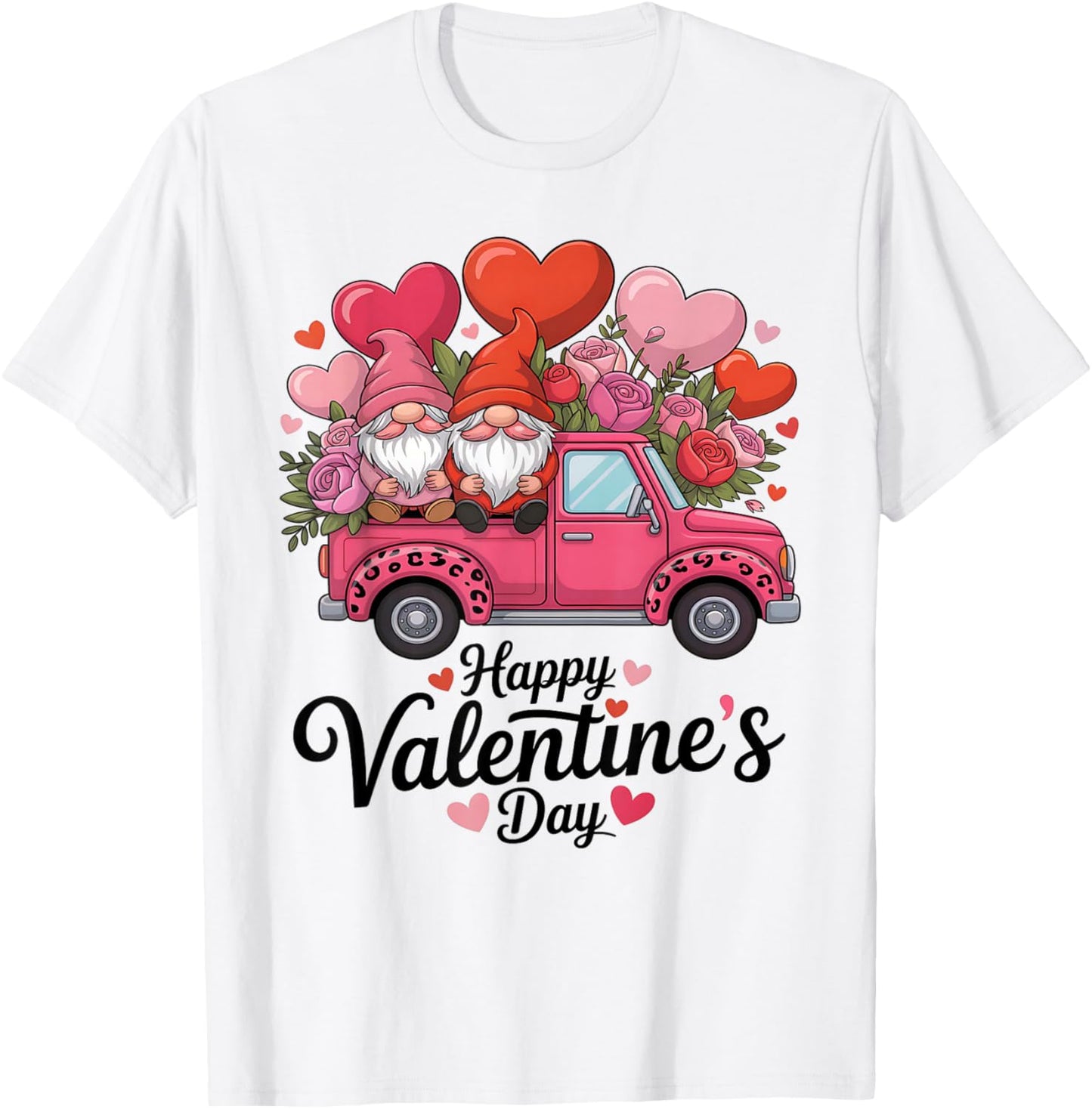 Valentines Day Gnomes Pink Truck Roses Leopard Print T-Shirt - T-Shirt | White
