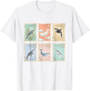 Vintage Whale Postage Stamps Humpback Orca Narwhal Beluga T-Shirt - T-Shirt | White