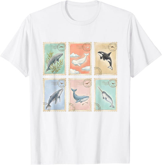 Vintage Whale Postage Stamps Humpback Orca Narwhal Beluga T-Shirt - T-Shirt | White