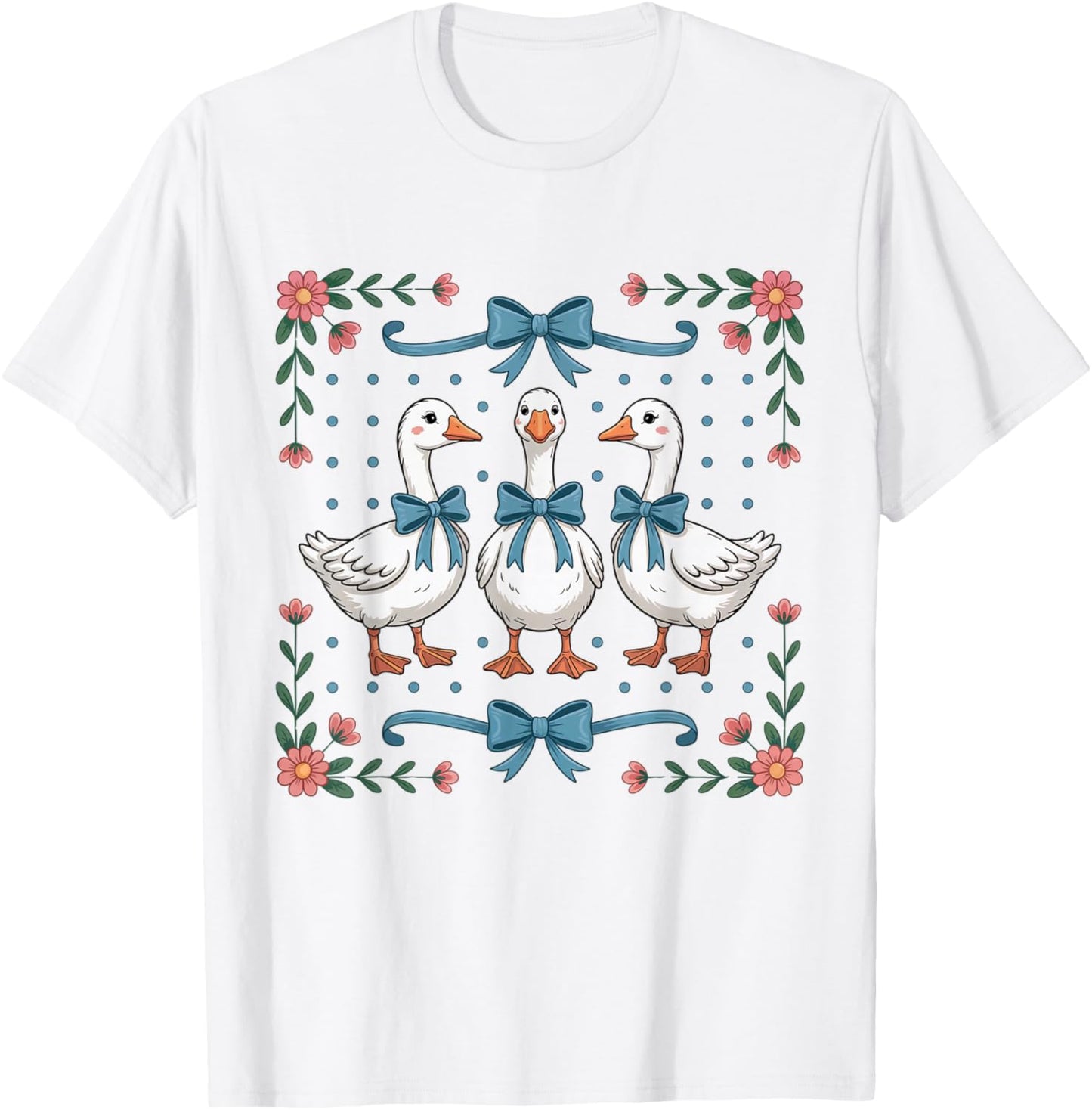 Vintage Country Geese and Flowers Bows 80s 90s Style Goose T-Shirt - T-Shirt | White
