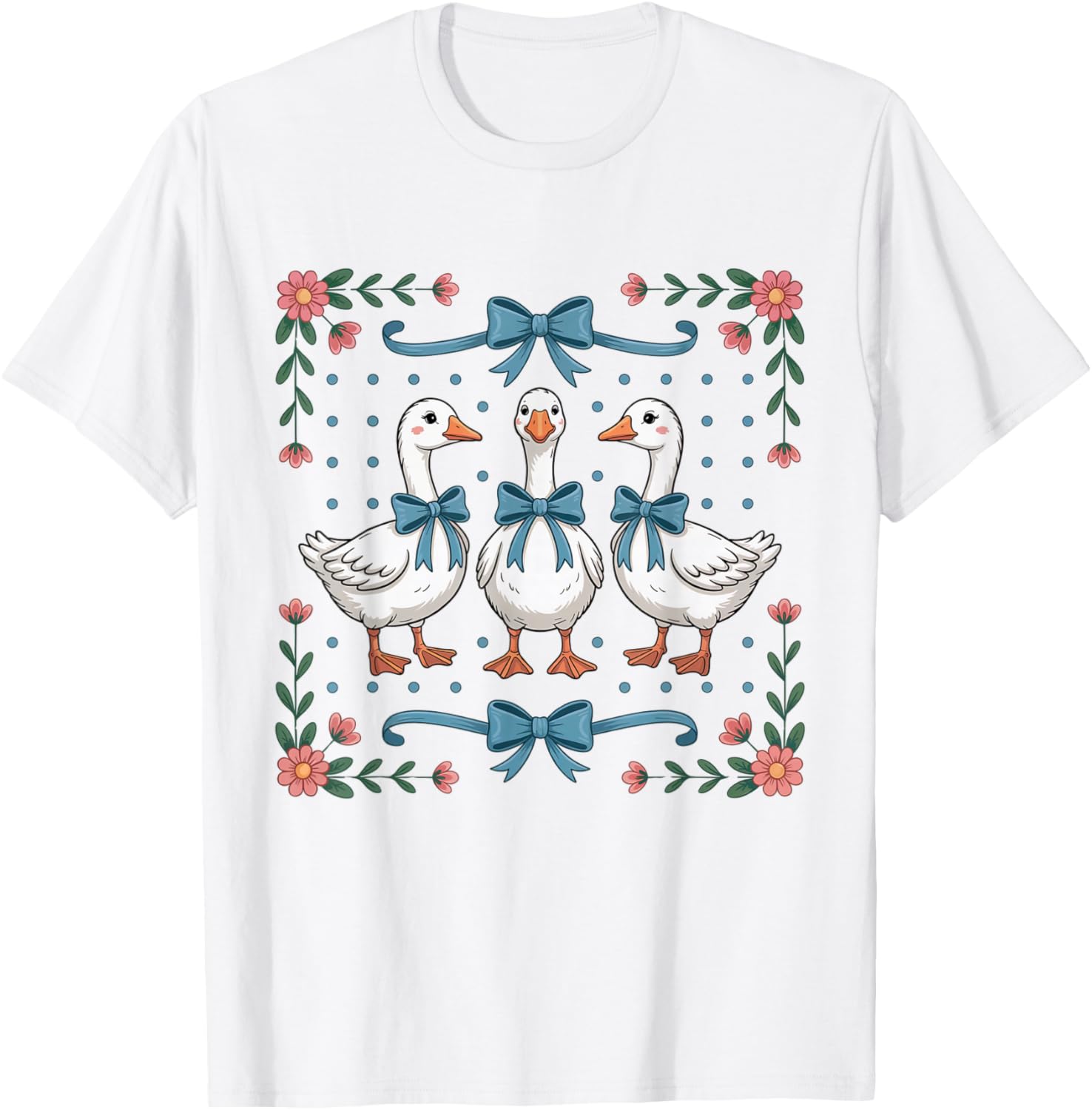 Vintage Country Geese and Flowers Bows 80s 90s Style Goose T-Shirt - T-Shirt | White