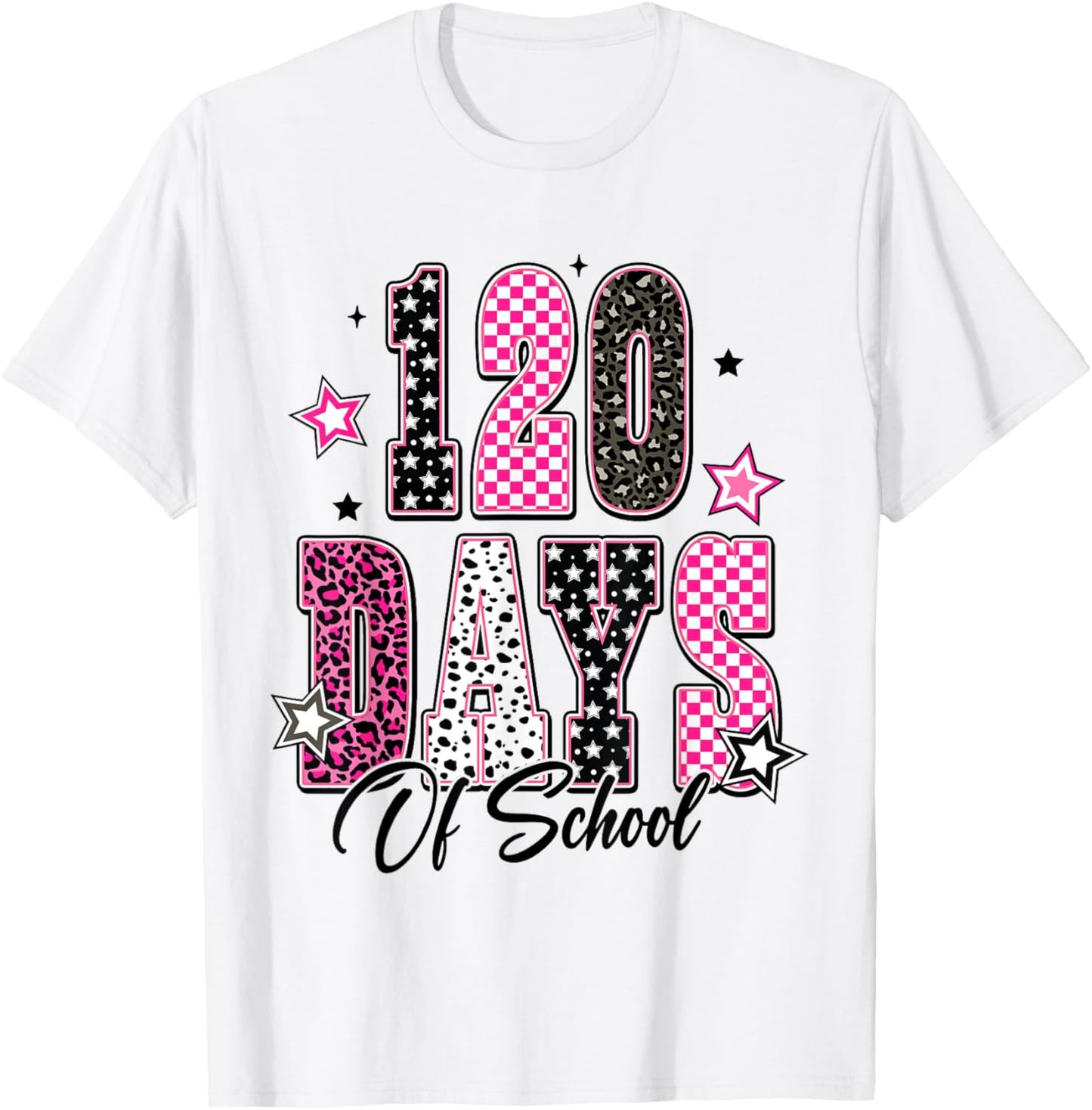 Leopard Checkered 120 Days of School Vintage Retro 120th Day T-Shirt - T-Shirt | White