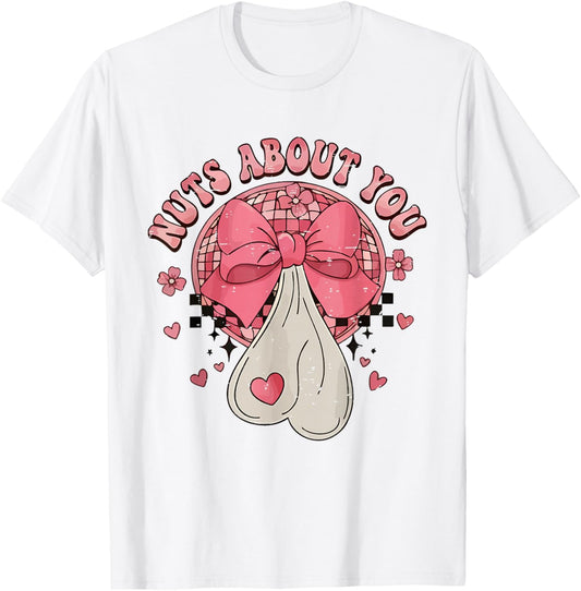 Retro Coquette Bow Disco Ball Nuts About You Funny Valentine T-Shirt - T-Shirt | White