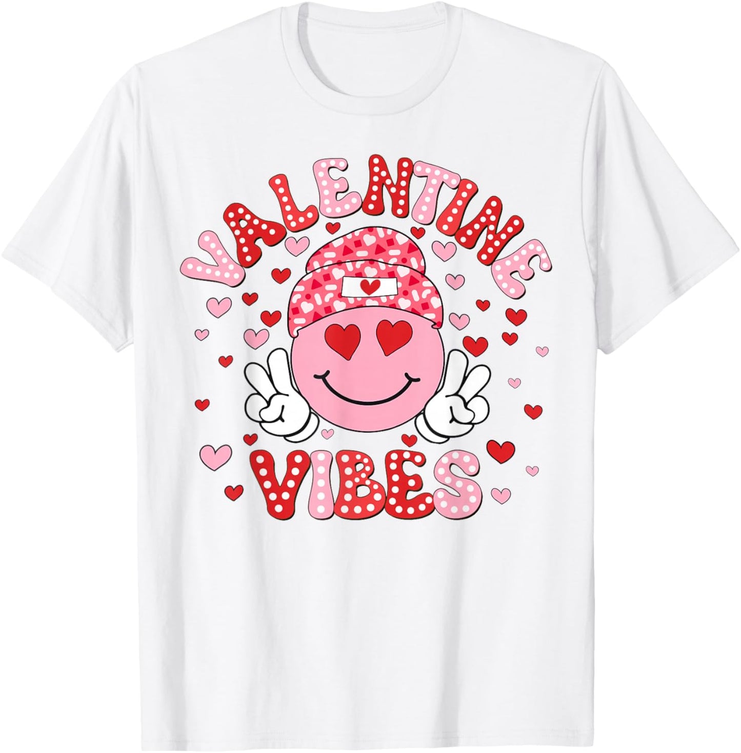 Valentine Vibes Funny Happy Smile Face Heart Girl Women Kid T-Shirt - T-Shirt | White
