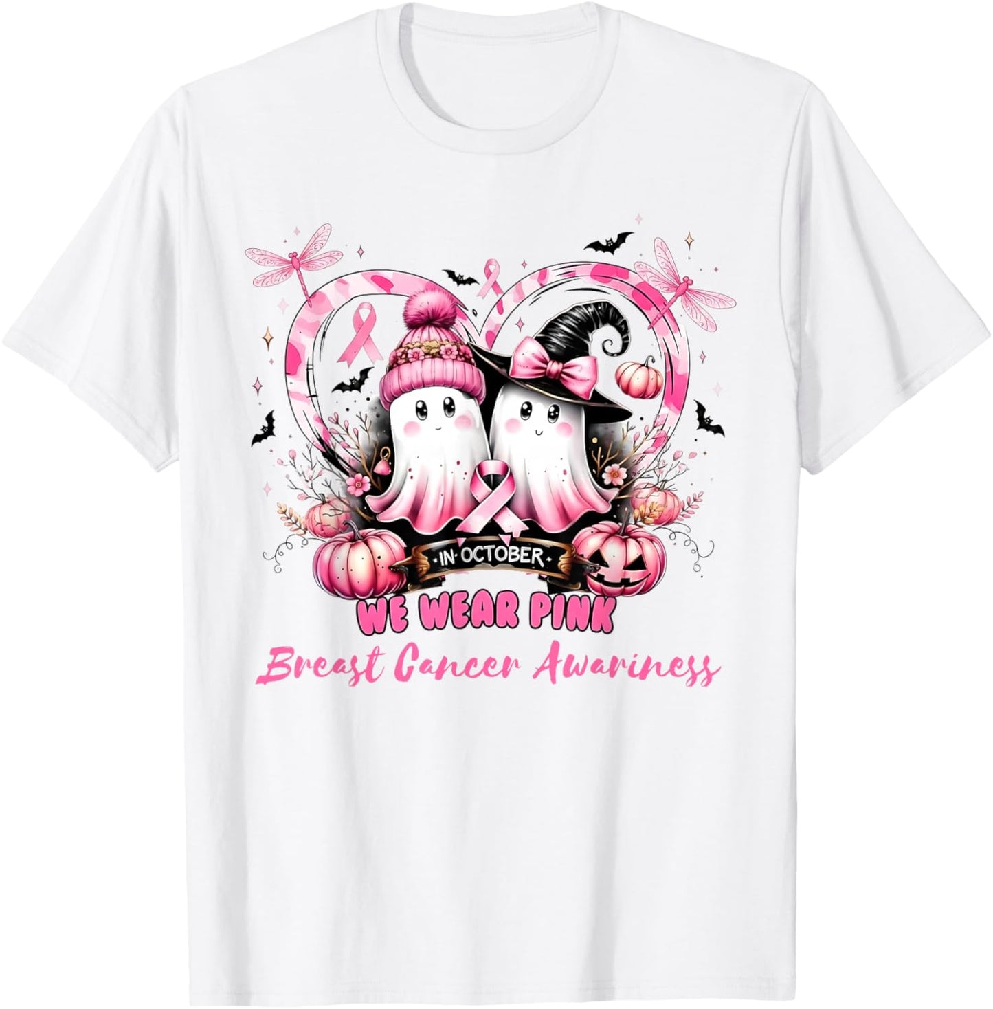in October We Wear Pink Breast Cancer Heart Dragonflies T-Shirt - T-Shirt | White