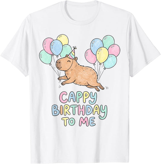 Cappy Birthday to Me Cute Capybara Balloons Pastel Art T-Shirt - T-Shirt | White