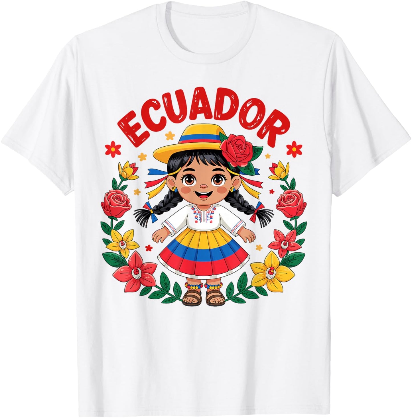 Cute Ecuador Girl Traditional Dress Flag Colors Art for Kids T-Shirt - T-Shirt | White