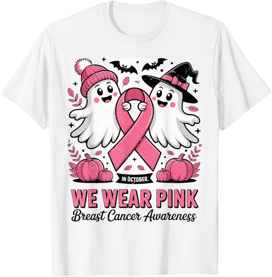 in October We Wear Pink Ghost Witch Breast Cancer Awareness T-Shirt - T-Shirt | White