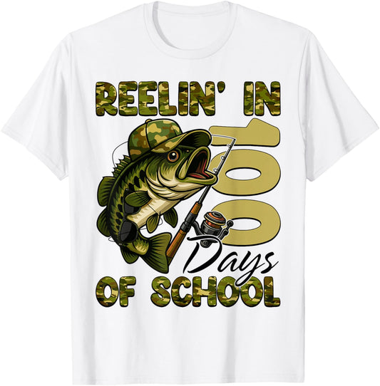 Reelin' in 100 Days of School Fishing 100th Day of School T-Shirt - T-Shirt | White