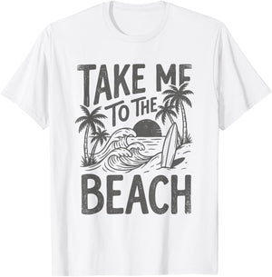 Take Me to The Beach Palm Tree Surf Sunset Retro Vacation T-Shirt - T-Shirt | White