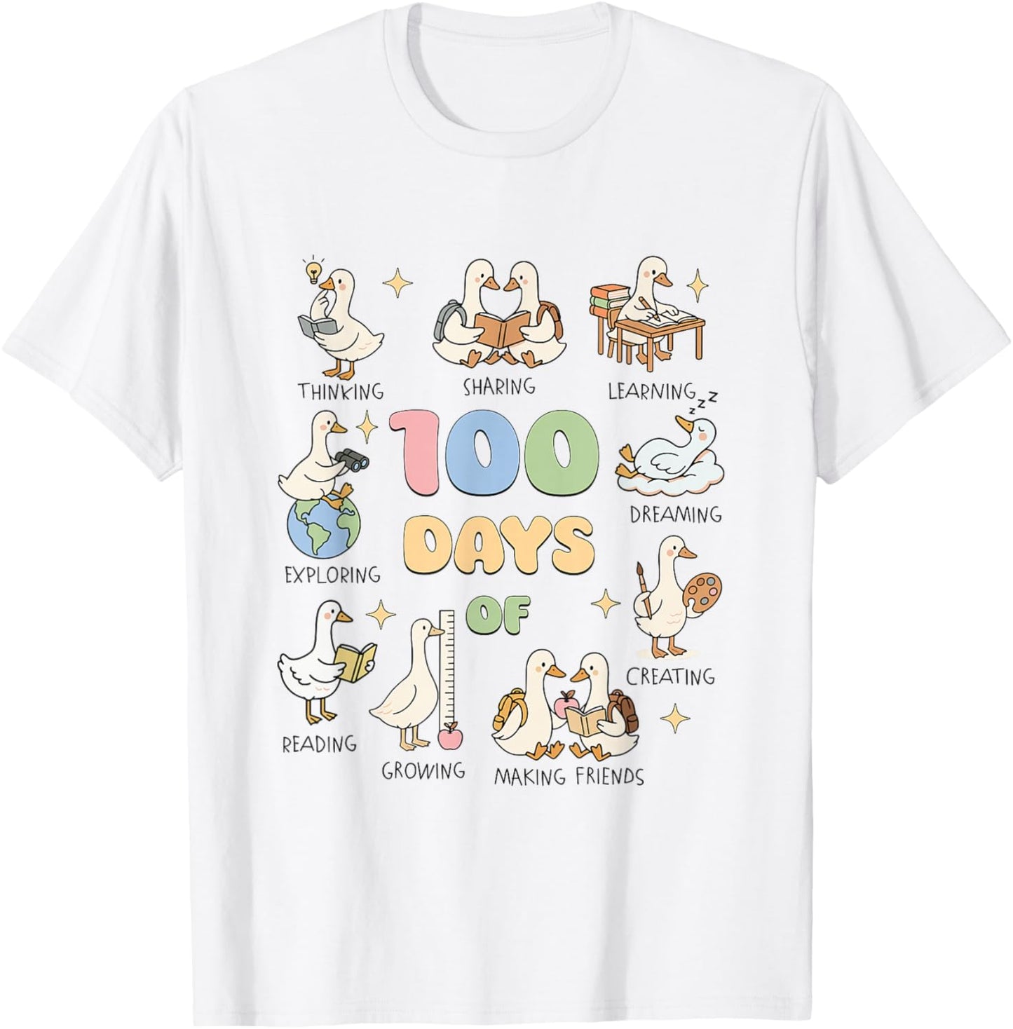 Silly Goose Happy 100 Days of School Goose Teacher Bookish T-Shirt - T-Shirt | White
