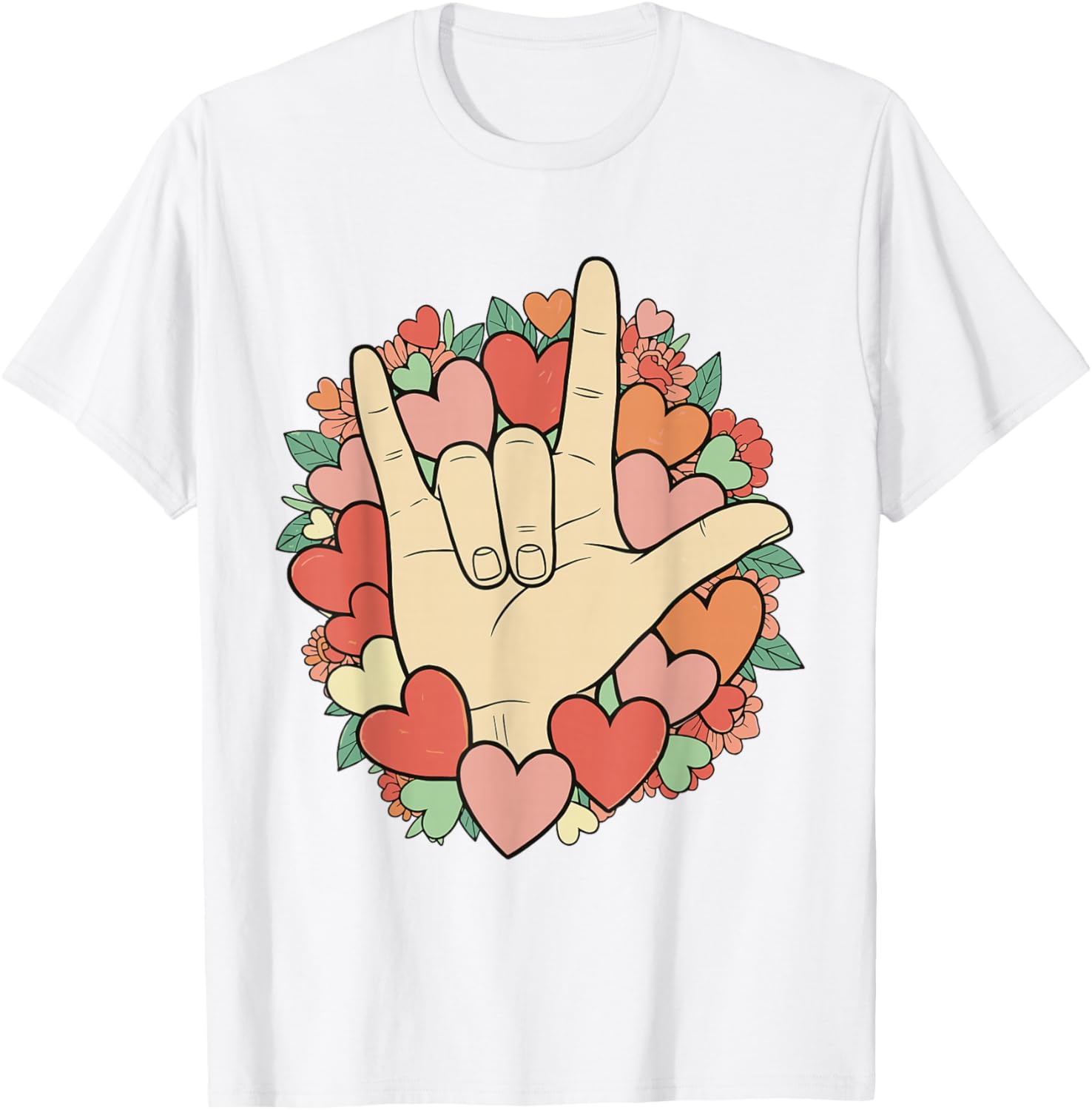 I Love You Sign Language Valentine's Day ASL Hearts Floral T-Shirt - T-Shirt | White