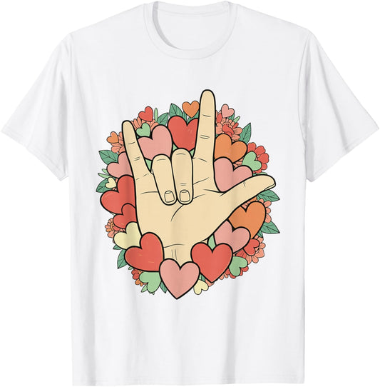 I Love You Sign Language Valentine's Day ASL Hearts Floral T-Shirt - T-Shirt | White