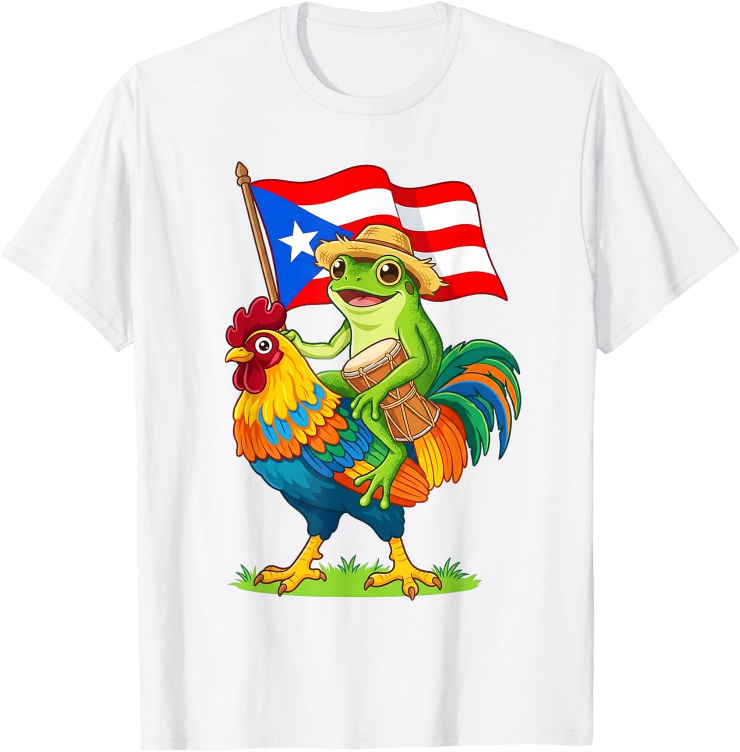 Puerto Rico Coquí Frog Riding Rooster Boricua Flag for Kids T-Shirt - T-Shirt | White