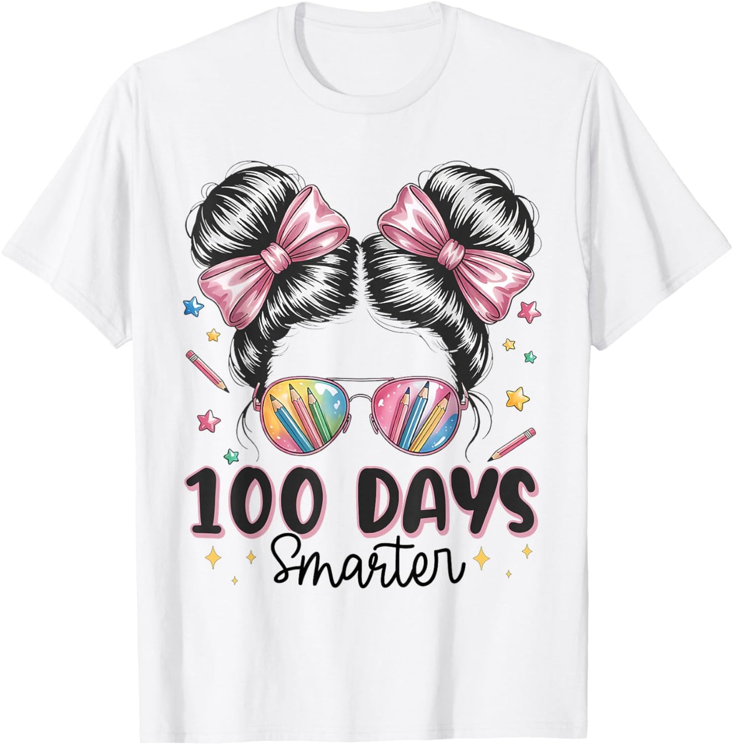 100 Days Smarter Messy Bun Girls 100th Day of School Kids T-Shirt - T-Shirt | White