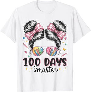 100 Days Smarter Messy Bun Girls 100th Day of School Kids T-Shirt - T-Shirt | White