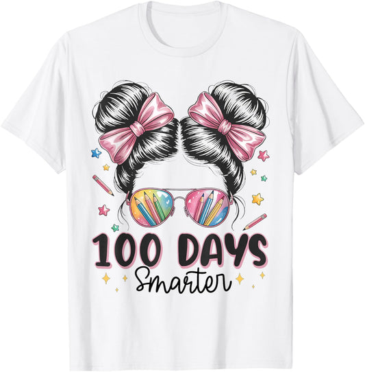 100 Days Smarter Messy Bun Girls 100th Day of School Kids T-Shirt - T-Shirt | White