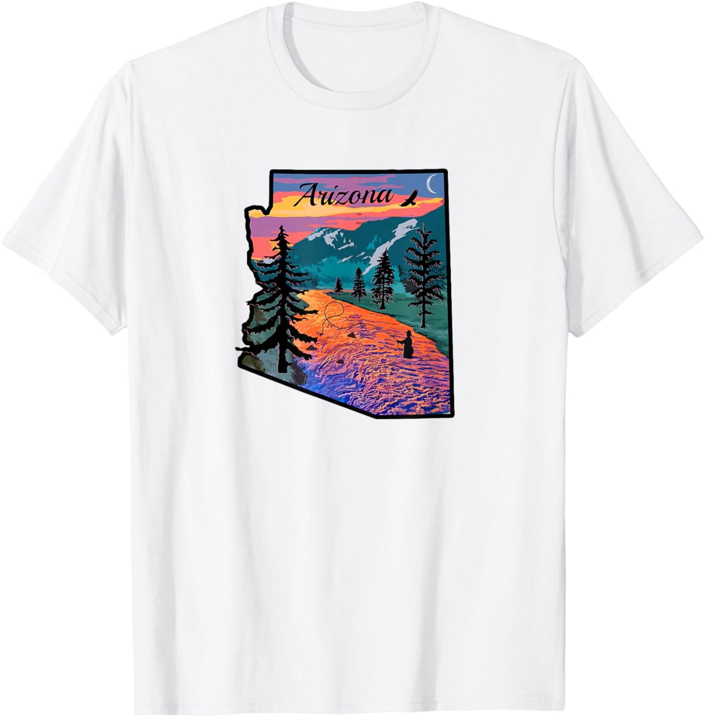 Arizona Fly Fishing Retro Sunset State Outline T-Shirt - T-Shirt | White