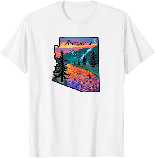 Arizona Fly Fishing Retro Sunset State Outline T-Shirt - T-Shirt | White