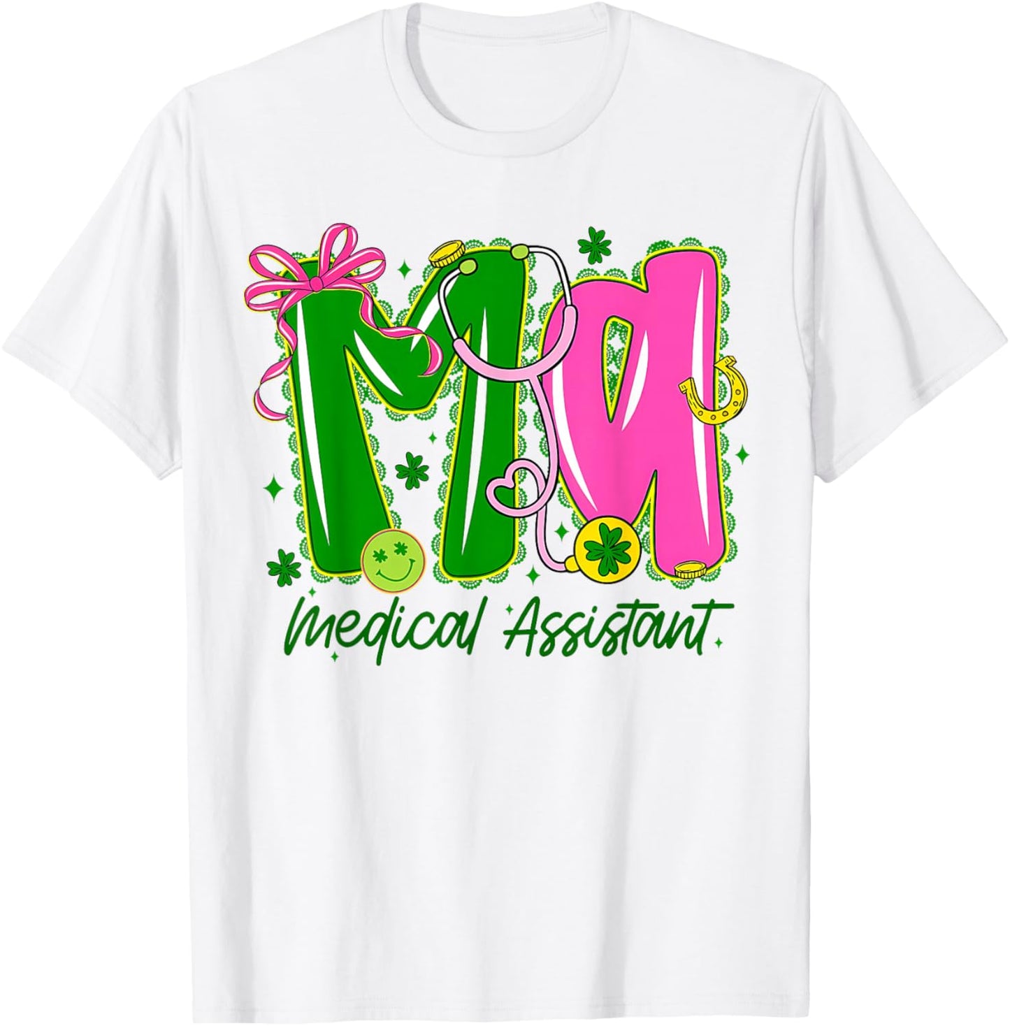 Medical Assistant MA Bow Shamrock Stethoscope Irish Nurse T-Shirt - T-Shirt | White