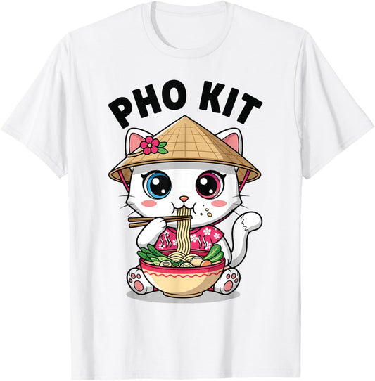 Cute Vietnamese Cat Eating Pho Funny Cat Pho Kit T-Shirt - T-Shirt | White