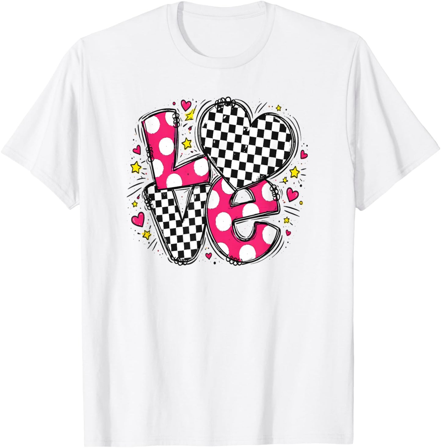 Valentine Cute Love Letter Message Heart Checkered and Dots T-Shirt - T-Shirt | White