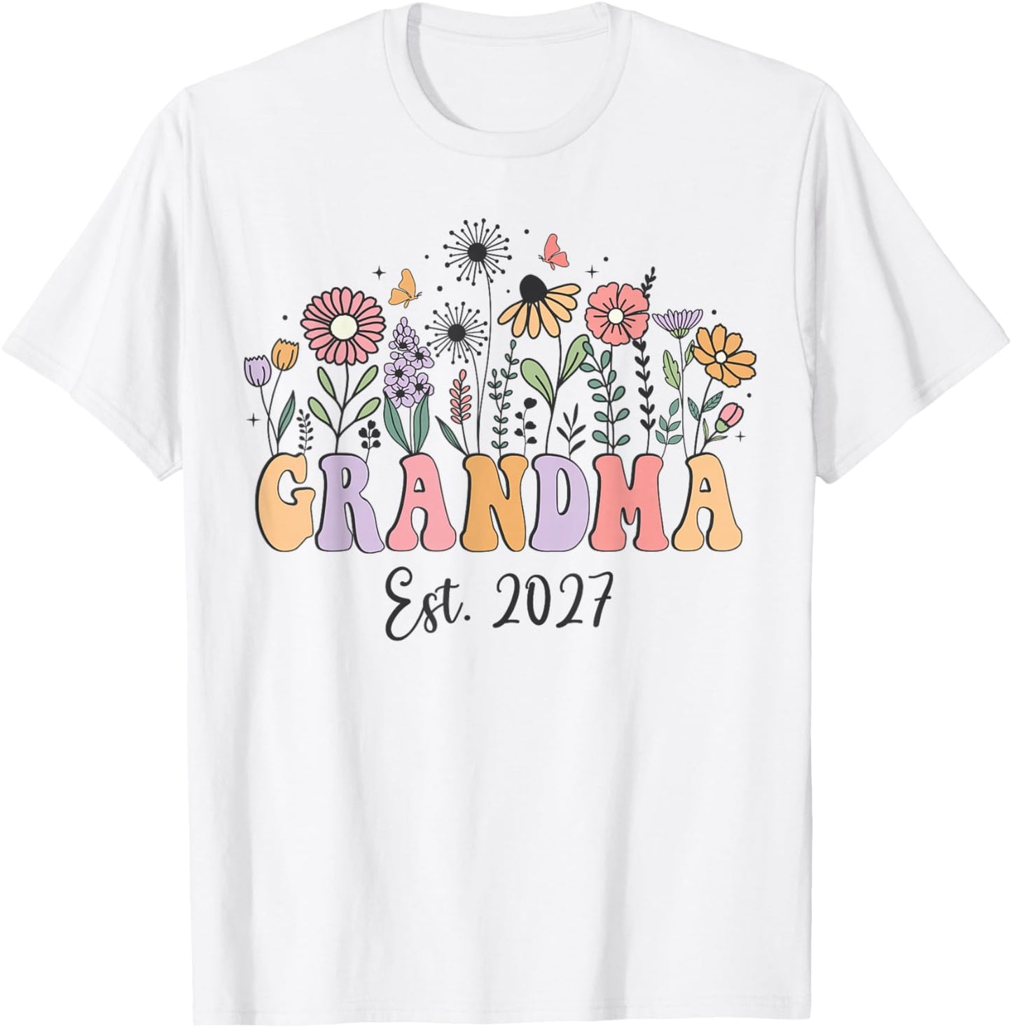 Grandma 2027 Promoted to Grandmother Est 2027 Floral Retro T-Shirt - T-Shirt | White