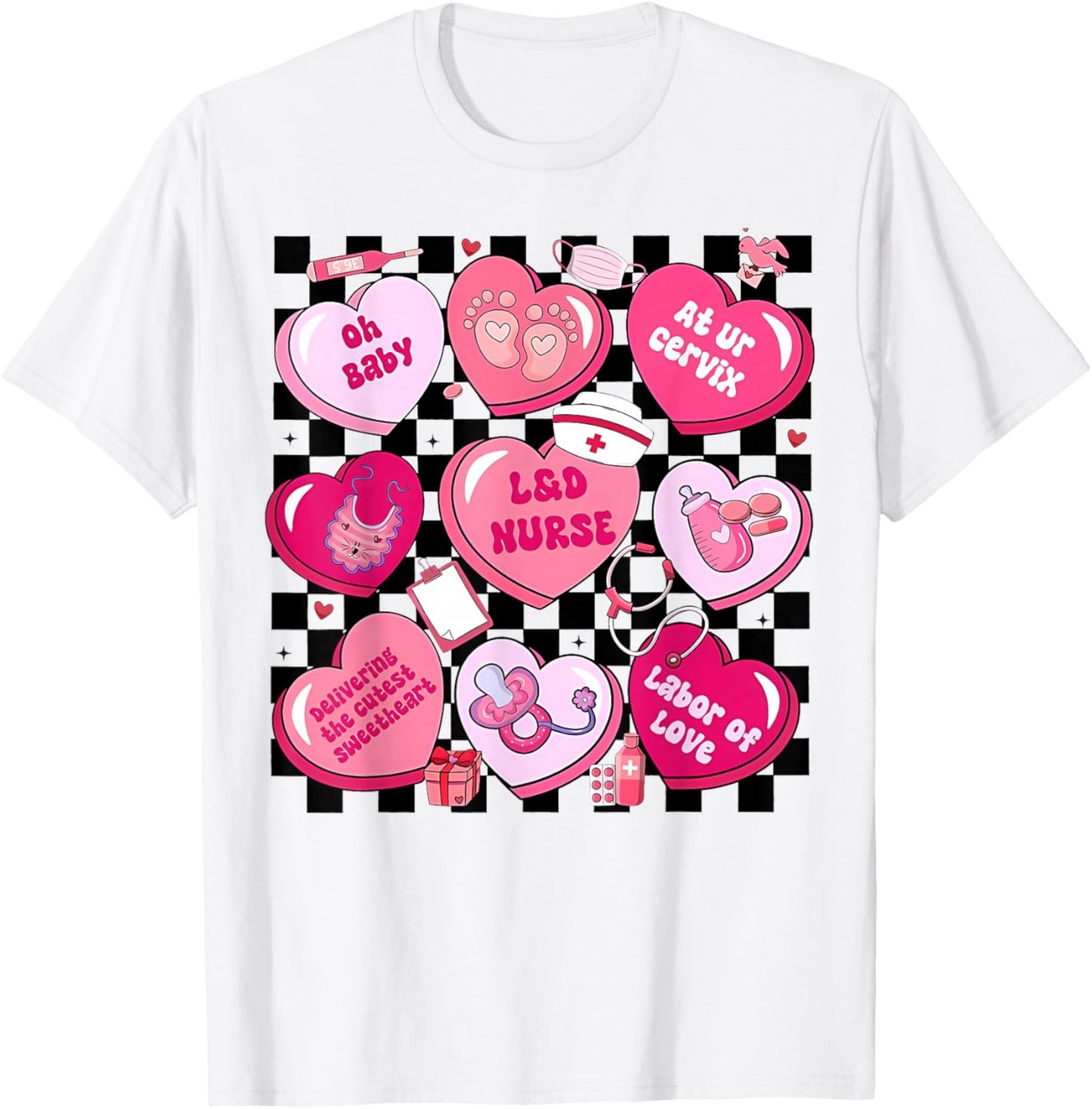 Women Labor and Delivery Nurse Hearts Candy Valentine's Day T-Shirt - T-Shirt | White