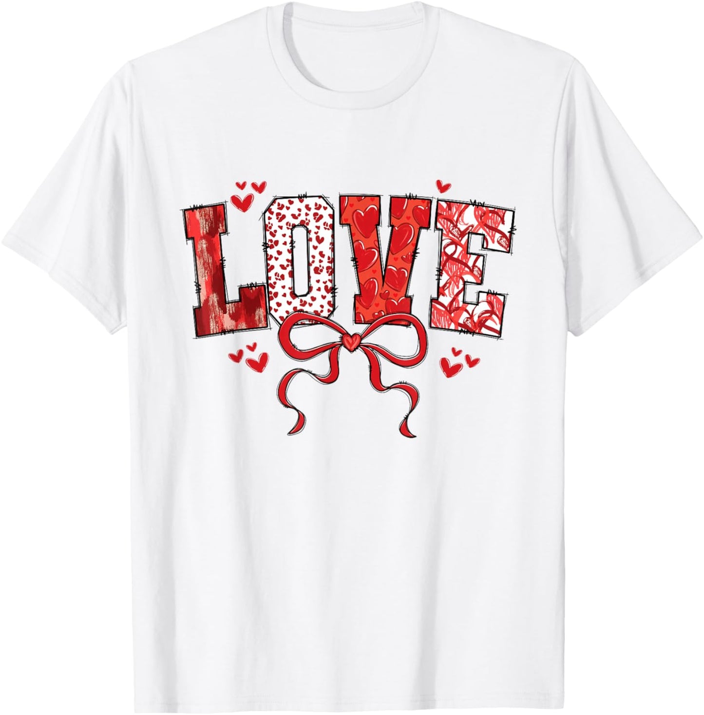 Love Bow Hearts Patchwork Style Cute Valentine Text T-Shirt - T-Shirt | White