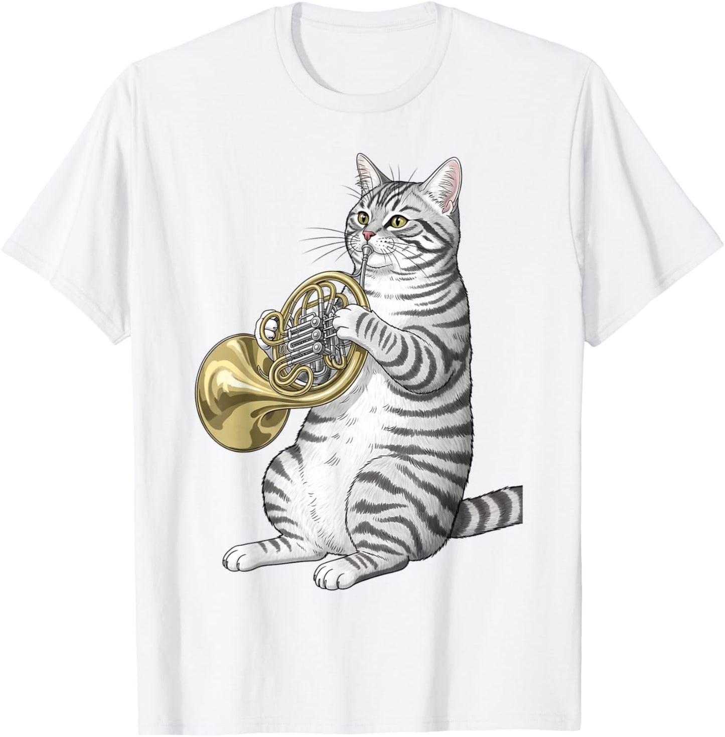 Funny Cat Playing French Horn Player Men Women Kids Boys T-Shirt - T-Shirt | White