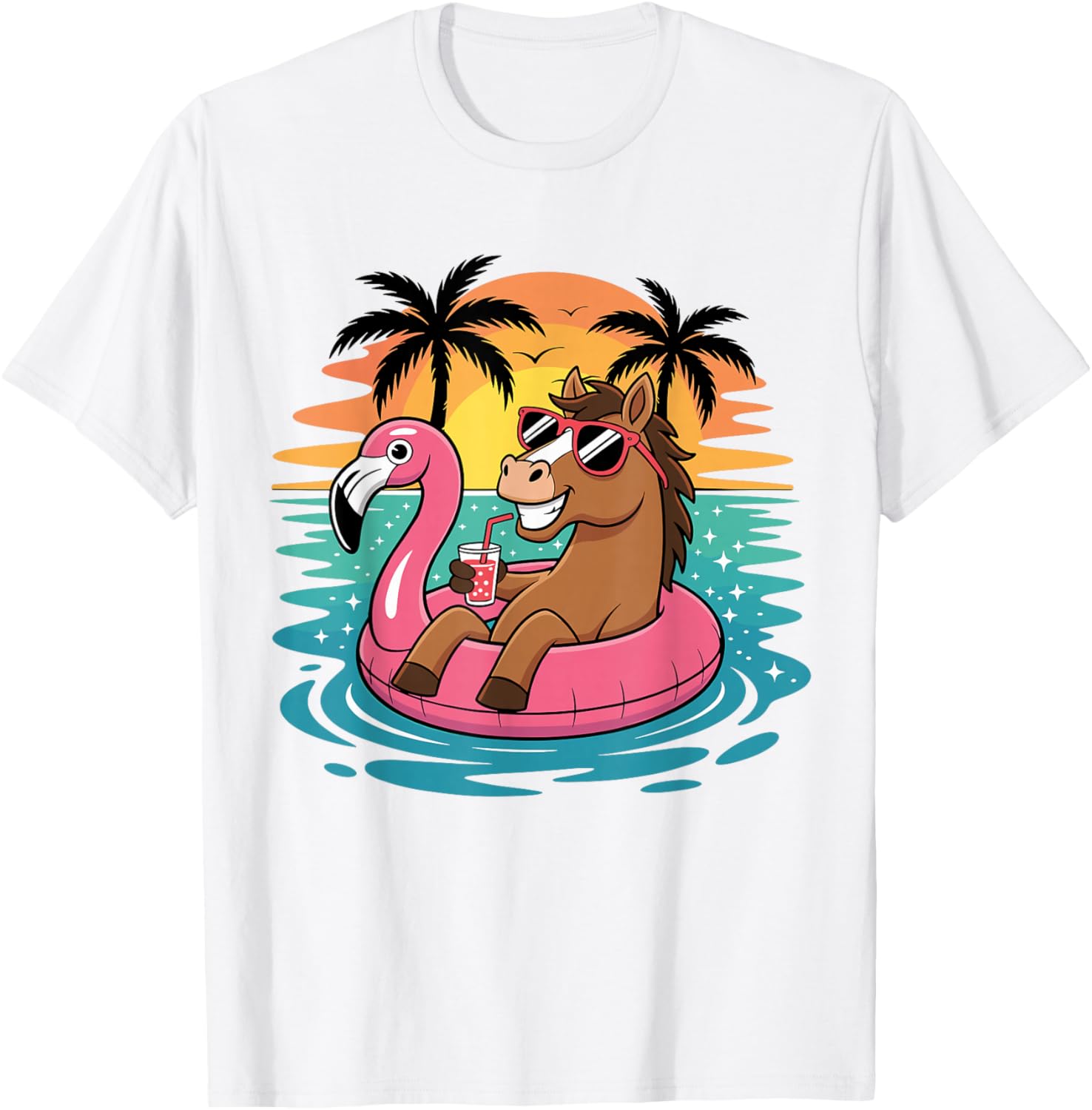 Funny Horse Hawaiian Flamingo Float Beach Summer T-Shirt - T-Shirt | White
