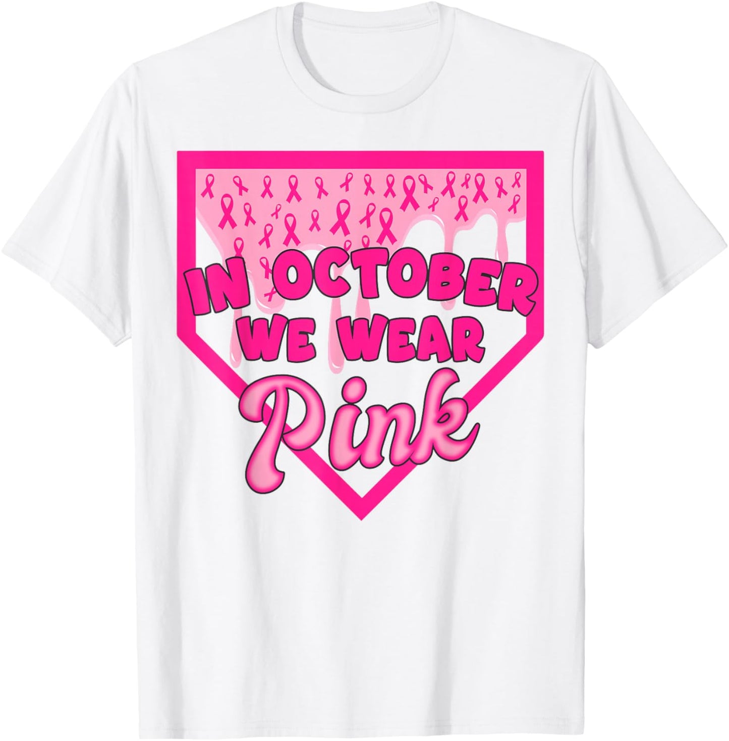 in October We Wear Pink Baseball Drip Boy Kids Breast Cancer T-Shirt - T-Shirt | White