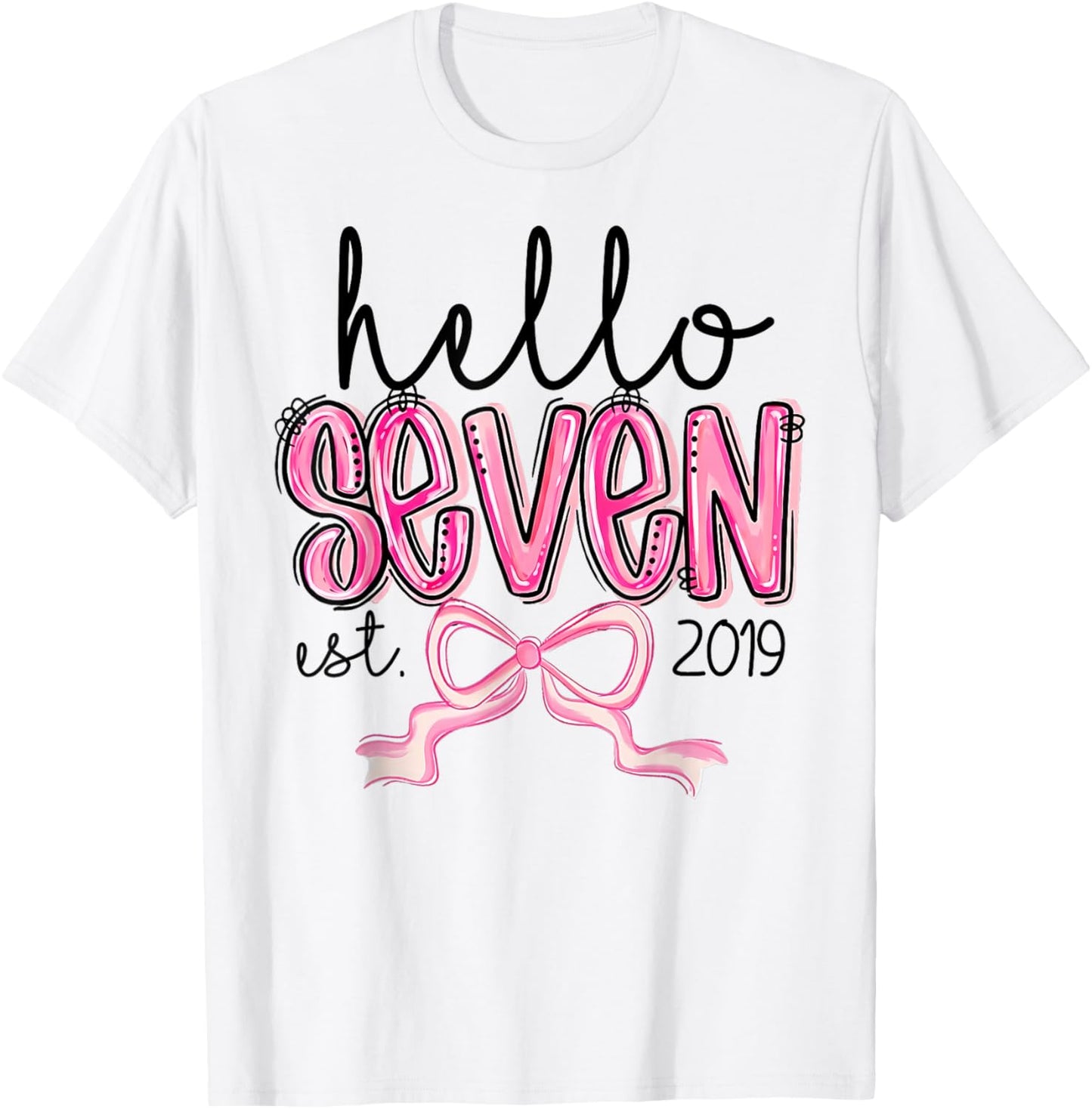 Hello Seven Est. 2019 Pink Coquette Bow 7th Birthday Girl T-Shirt - T-Shirt | White