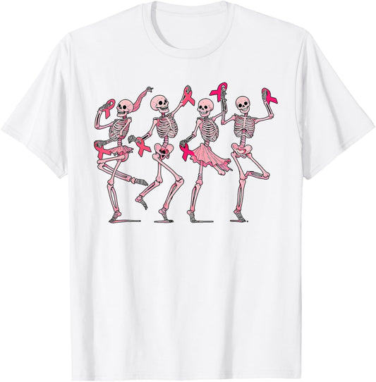 Pink Ribbon Breast Cancer Dancing Skeleton Women Men Kids T-Shirt - T-Shirt | White