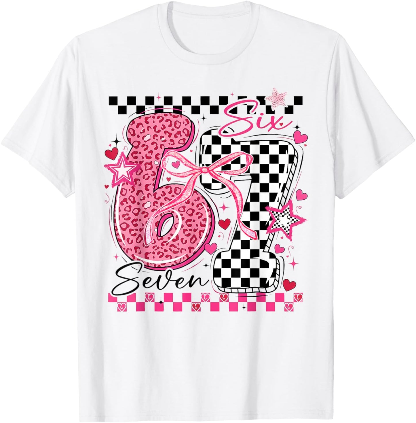 67 Leopard Checkered Funny Six Seven 6-7 Teachers Kids Girls T-Shirt - T-Shirt | White