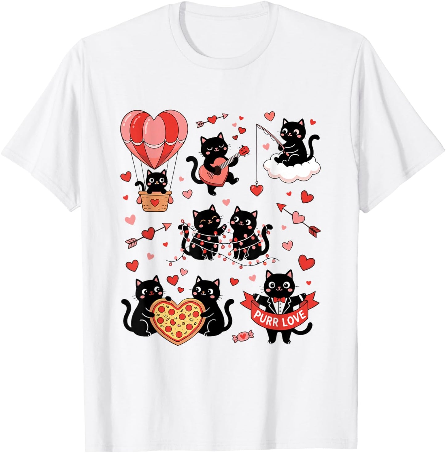 Retro Black Cat Heart Valentines Day Cute Kitten Lover T-Shirt - T-Shirt | White