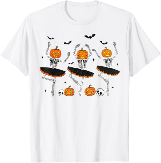 Ballet Pumpkin Dancing Skeleton Scary Halloween Girls Women T-Shirt - T-Shirt | White