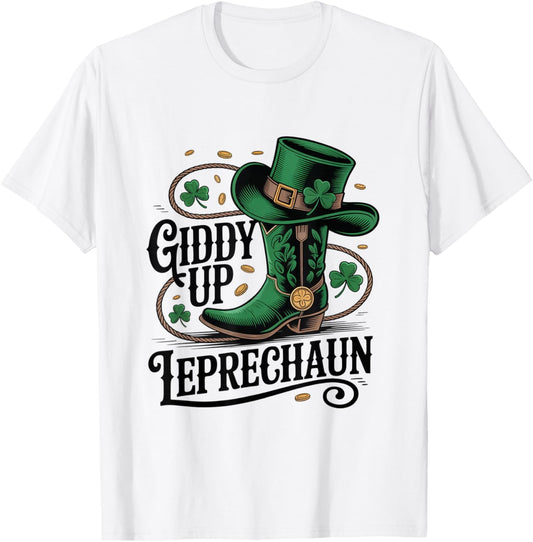 Giddy Up Leprechaun Shirt St Patricks Day Western Cowboy T-Shirt - T-Shirt | White