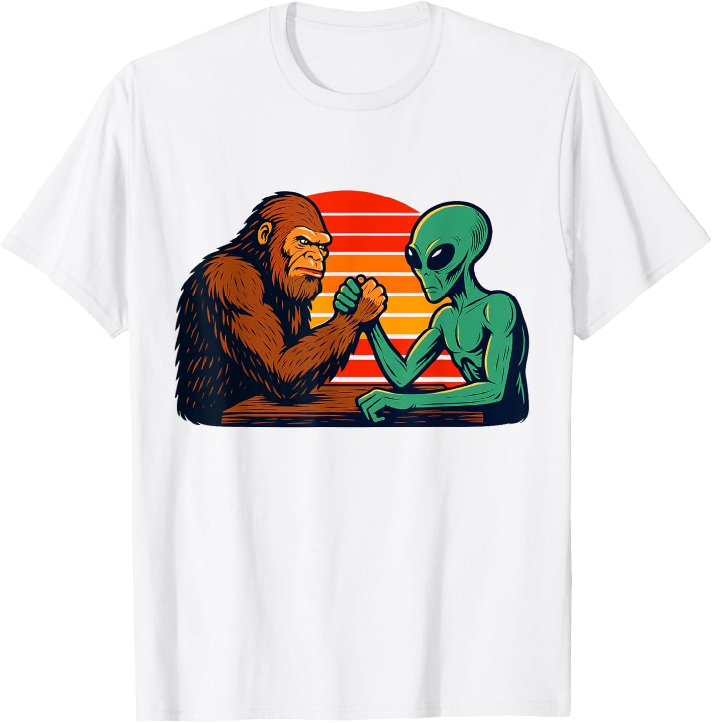 Funny Arm Wrestling Bigfoot Alien T-Shirt - T-Shirt | White
