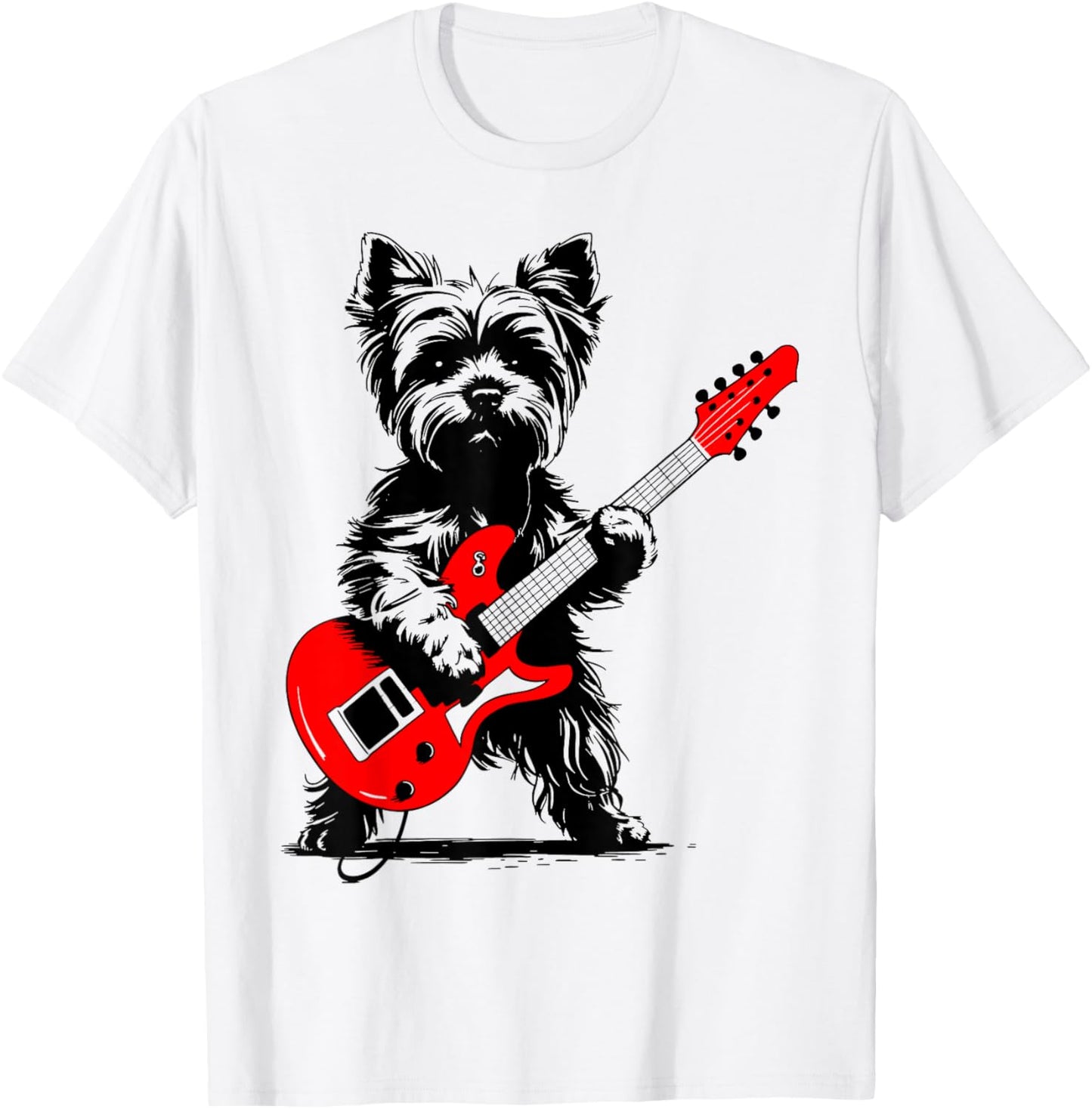 Vintage Yorkie Rock Funny Dog Playing Guitar Rock Style T-Shirt - T-Shirt | White