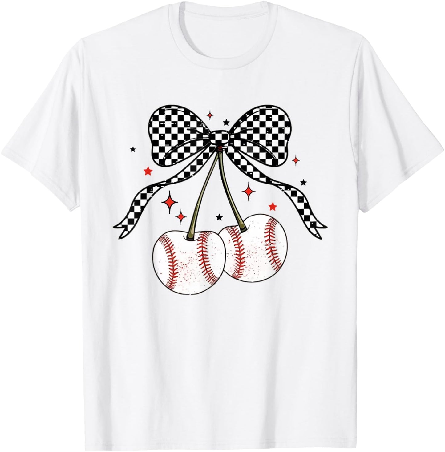 Coquette Bow Cherries Baseball Game Day Team Sport Cherry T-Shirt - T-Shirt | White