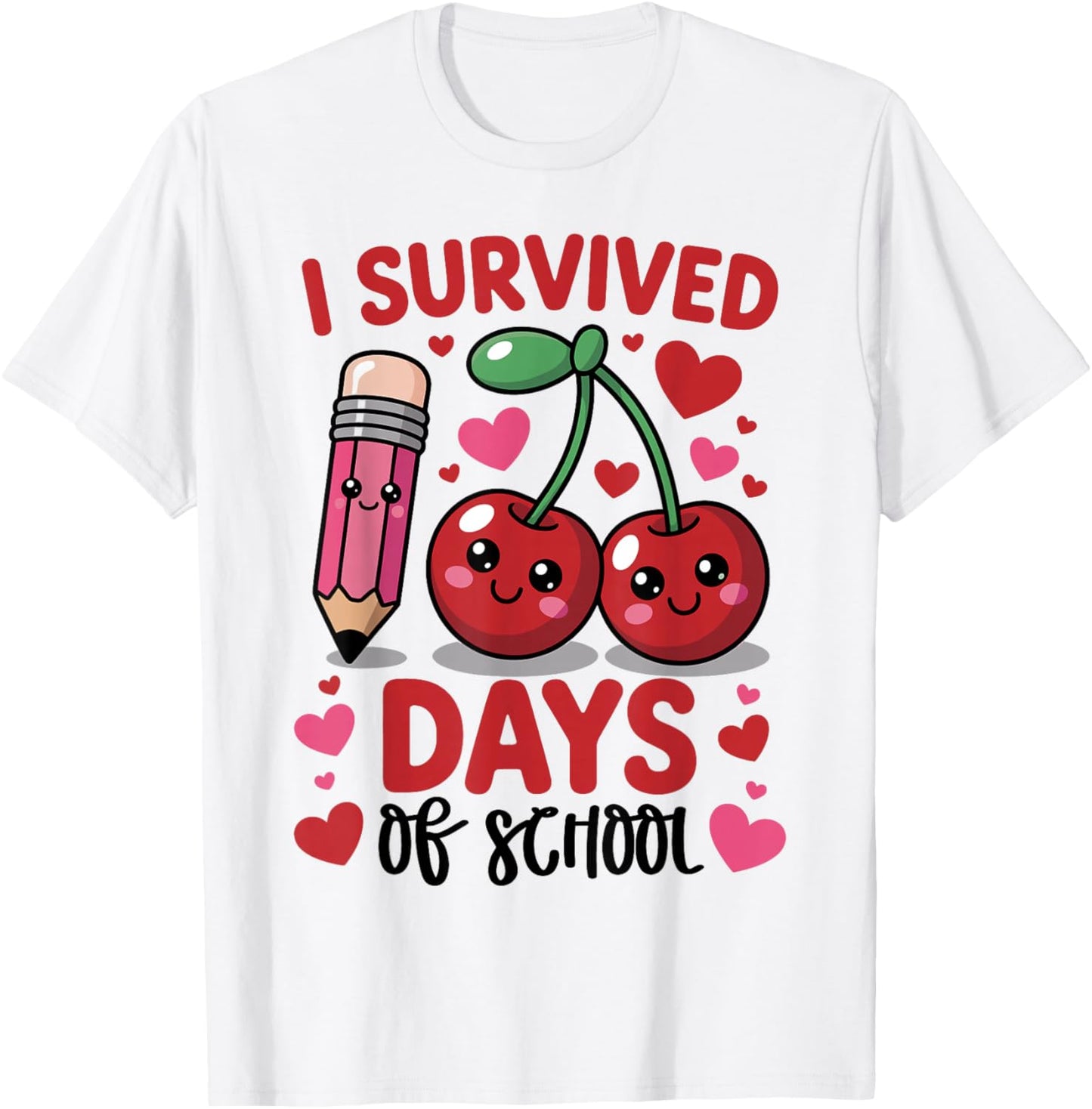 I Survived 100 Days of School Cherry Pink Cute 100th Day T-Shirt - T-Shirt | White
