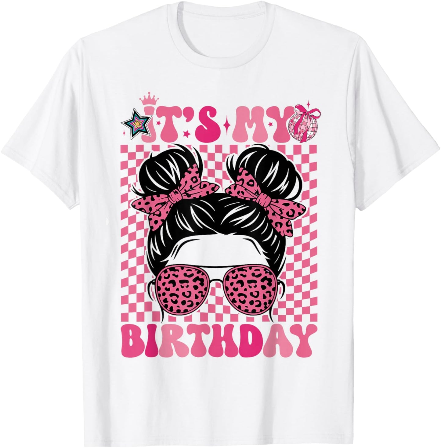 It's My Birthday Girls Women Messy Bun Pink Coquette Bow T-Shirt - T-Shirt | White