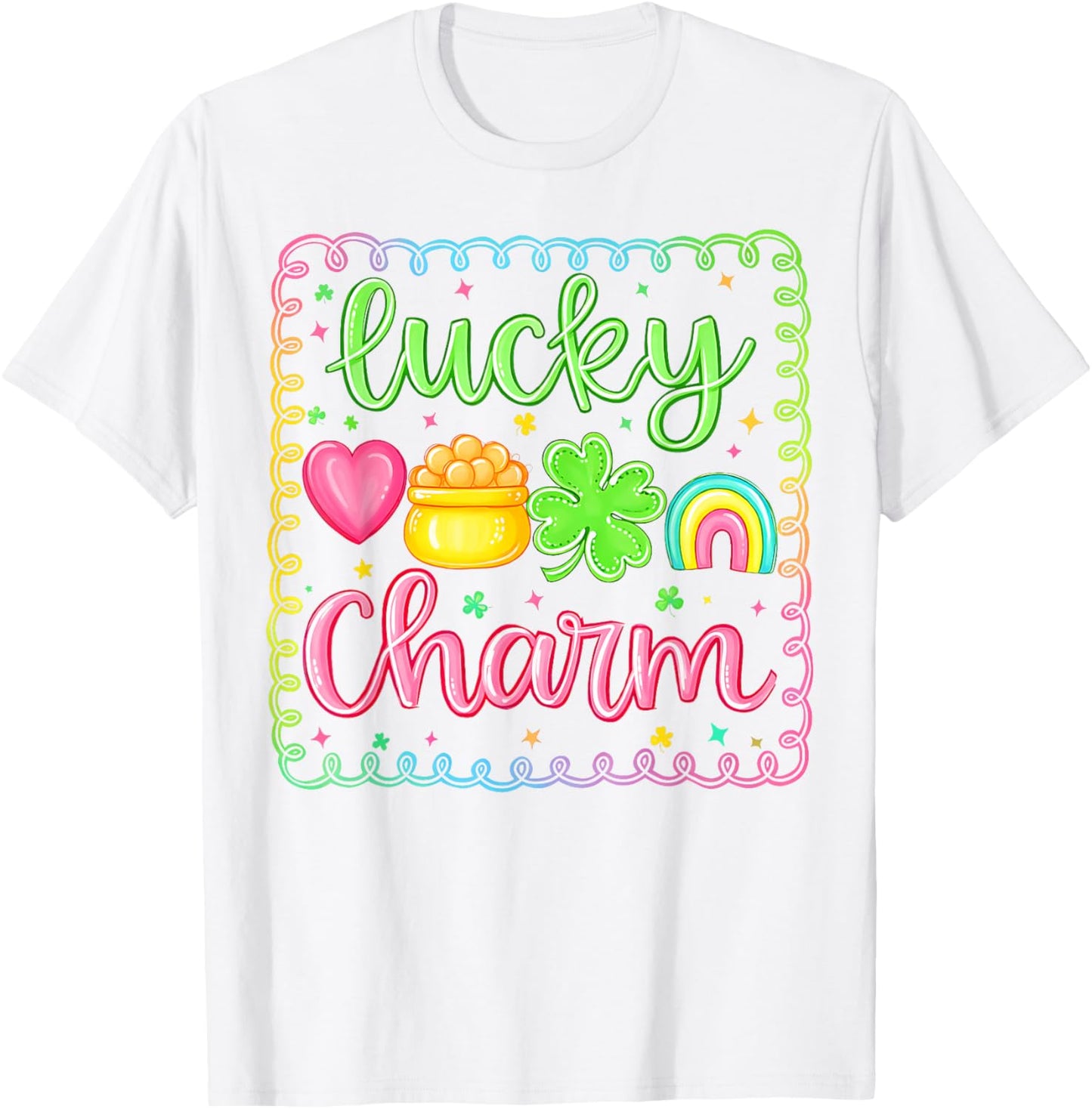 Lucky Charm St Patrick Rainbow Clover Gold Pot Hearts Girls T-Shirt - T-Shirt | White