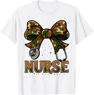 Nurse Camo Bow Stethoscope Military Style Med Art Design T-Shirt - T-Shirt | White