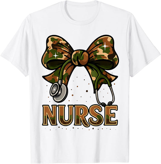 Nurse Camo Bow Stethoscope Military Style Med Art Design T-Shirt - T-Shirt | White