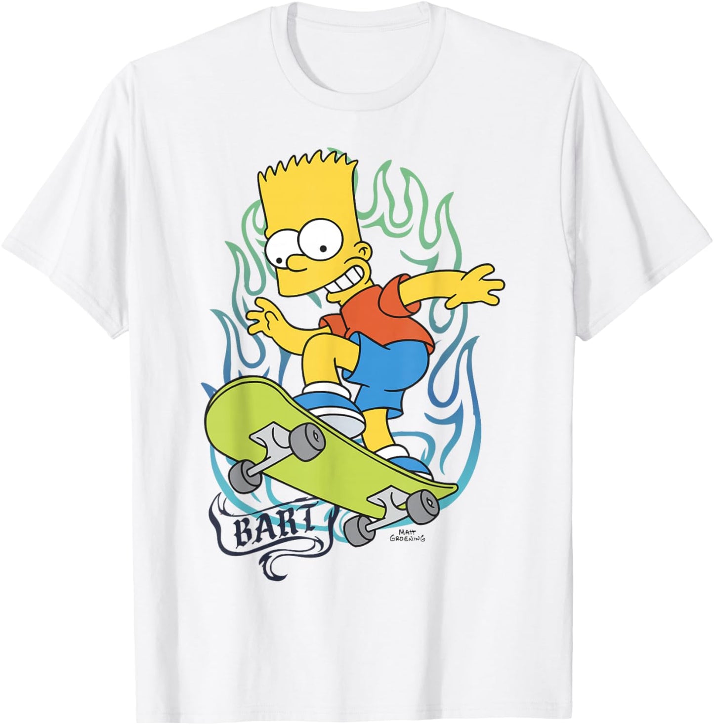 The Simpsons Bart Simpson Flaming Skateboard Action T-Shirt - T-Shirt | White