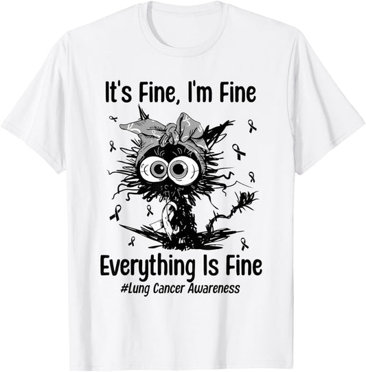 Motivational Lung Cancer Awareness Cat White Ribbon Support T-Shirt - T-Shirt | White