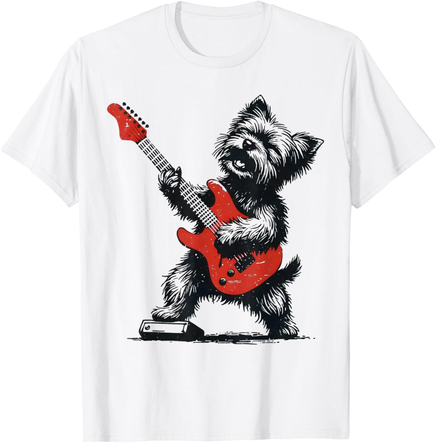 Vintage Yorkie Rock Funny Dog Playing Guitar Rock Style T-Shirt - T-Shirt | White